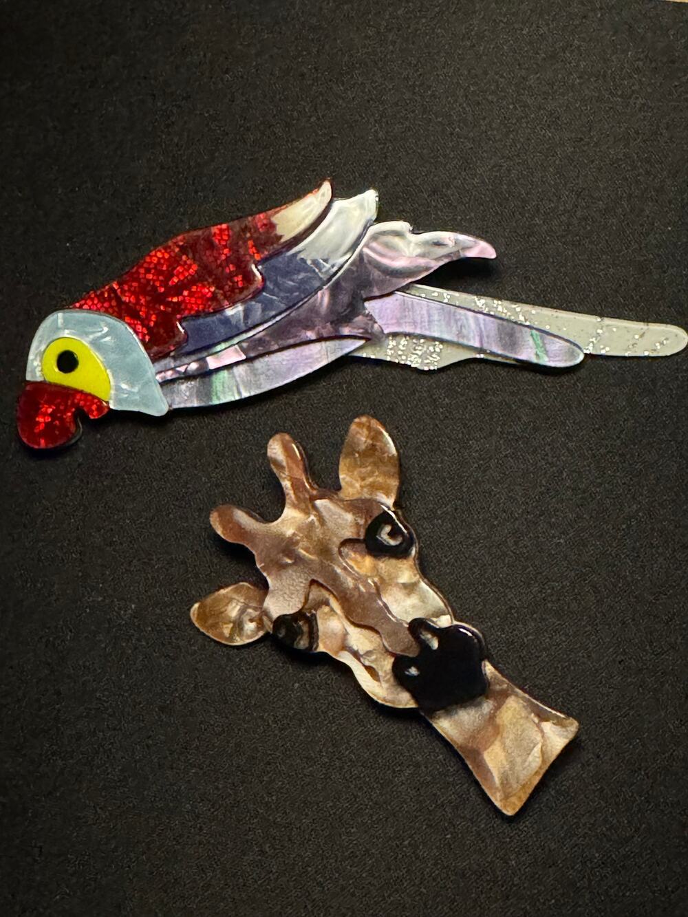 Set of 2 Acrylic 3D Animal Brooches Parrot & Giraffe